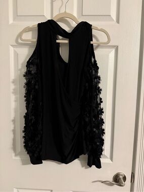 VENUS Black Cold Shoulder Top with Floral Applique Sleeves